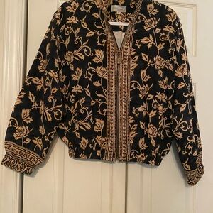 Black Zip-Front Jacket with Beige Floral Embroidery by Hanasport
